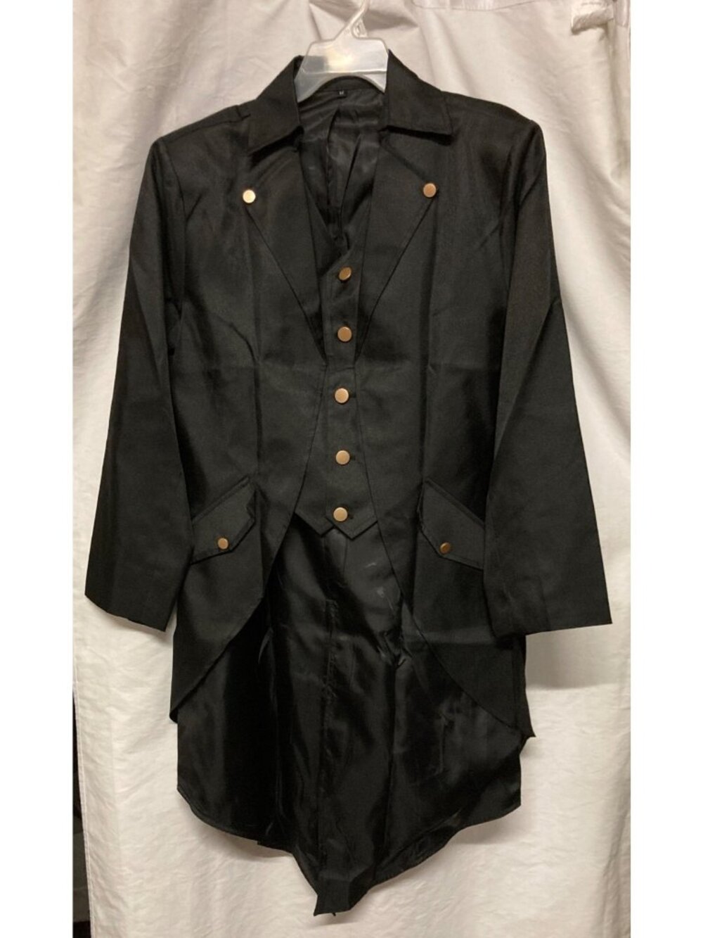 Victorian-Style Black Tailcoat Jacket w/ Brass Buttons Satin Steampunk Cosplay